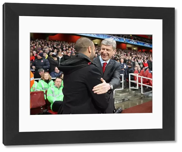 Arsene Wenger the Arsenal Manager shakes hands with Josep Guardiola the Barcelona Manager before the match. Arsenal 2: 2 Barcelona. UEFA Champions League. Quarter Final, 1st Leg. Emirates Stadium, 31  /  3  /  10. Credit : Arsenal Football Club  / 