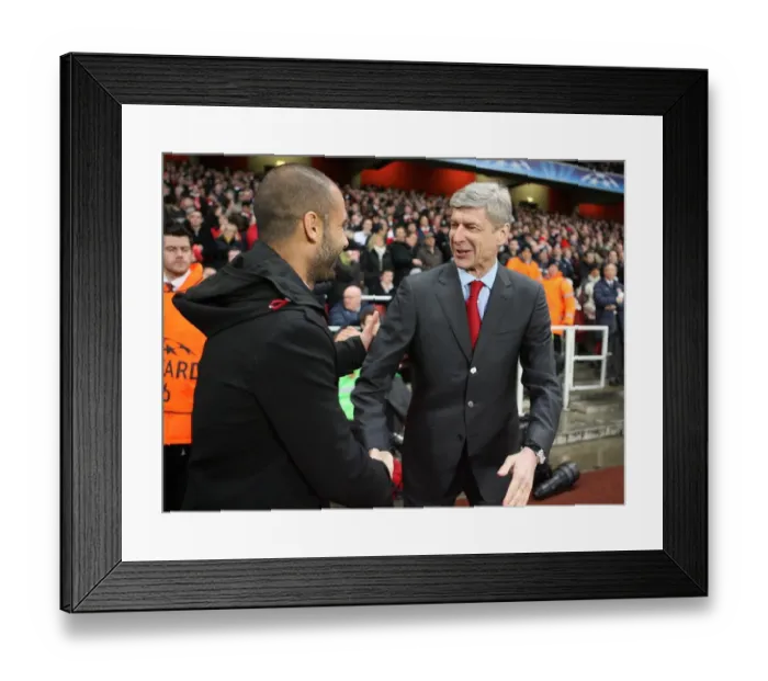 Framed Print : Arsene Wenger of Arsenal and Josep Guardiola of Barcelona Exchange Handshakes During UEFA Champions League Quarterfinal at Emirates Stadium, 2010 Framed Print : Arsene Wenger of Arsenal and Josep Guardiola of Barcelona Exchange Handshakes During UEFA Champions League Quarterfinal at Emirates Stadium, 2010
