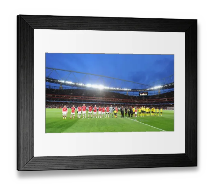 Framed Print : The Arsenal and Barcelona teams line up before the match. Arsenal 2: 2 Barcelona