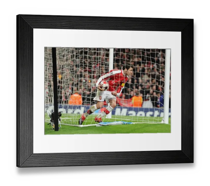Framed Print : Cesc Fabregas picks up the matchball after scoring the 2nd Arsenal goal Framed Print : Cesc Fabregas picks up the matchball after scoring the 2nd Arsenal goal