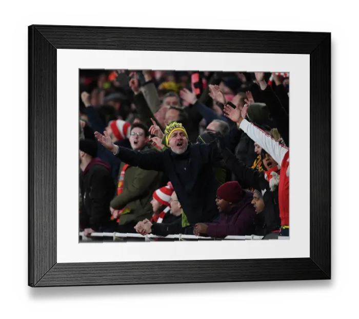 Framed Print : Arsenal Fans Celebrate First Goal Against Manchester United in 2022-23 Premier League Framed Print : Arsenal Fans Celebrate First Goal Against Manchester United in 2022-23 Premier League