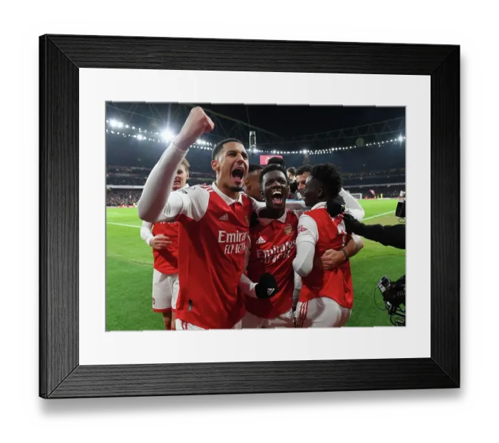 Framed Print : Arsenal's Bukayo Saka, Willam Saliba, and Eddie Nketiah Celebrate Goals Against Manchester United (2022-23) Framed Print : Arsenal's Bukayo Saka, Willam Saliba, and Eddie Nketiah Celebrate Goals Against Manchester United (2022-23)
