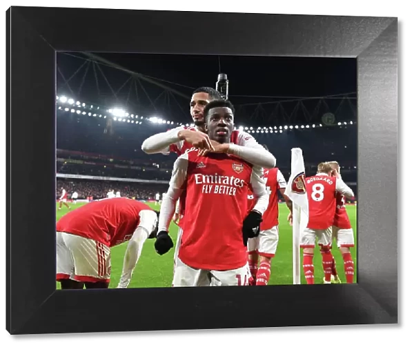 Arsenal's Eddie Nketiah and William Saliba Celebrate Goals Against Manchester United in 2022-23 Premier League