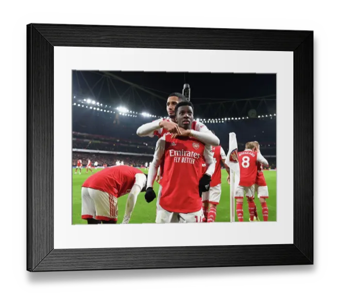 Framed Print : Arsenal's Eddie Nketiah and William Saliba Celebrate Goals Against Manchester United in 2022-23 Premier League