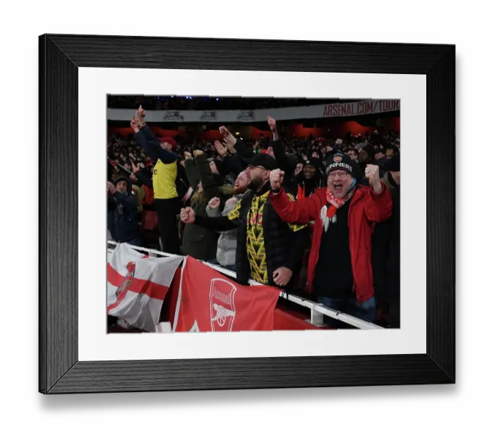 Framed Print : Arsenal Fans Celebrate Third Goal Against Manchester United in Premier League Match, Emirates Stadium, London, 2023