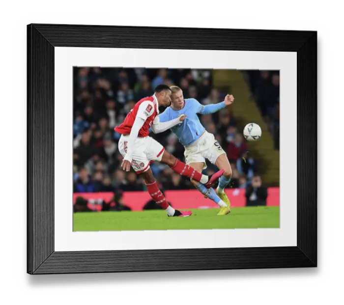 Framed Print : Gabriel Magalhaes vs Erling Haaland: A Battle for FA Cup Supremacy - Manchester City vs Arsenal (2022-23)