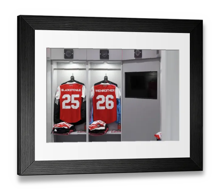 Framed Print : Arsenal Women's FA Cup: Pre-Match Focus - Stina Blackstenius and Laura Wienroither's Shirts in Arsenal Dressing Room (Arsenal vs Leeds United Women)