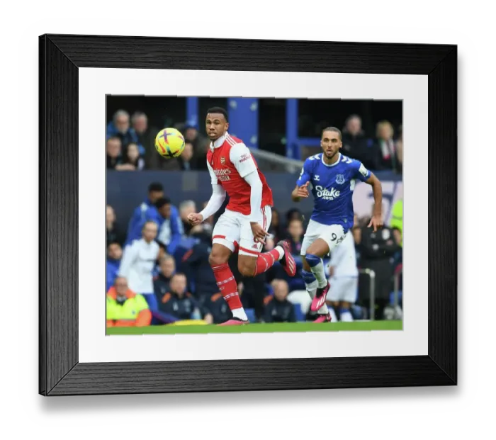 Framed Print : Gabriel's Showdown: Everton vs Arsenal, Premier League 2022-23 - Intense Moment at Goodison Park