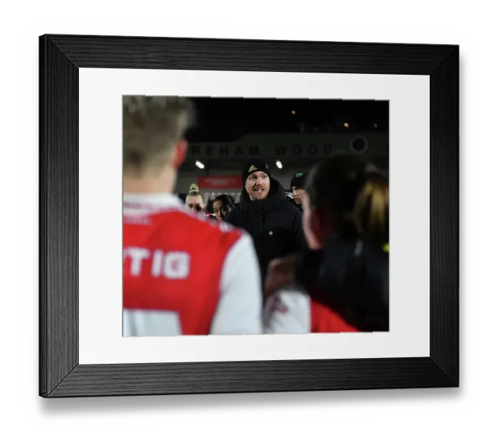 Framed Print : Arsenal Women's Coach Jonas Eidevall Delivers Team Talk After FA WSL Cup Semi-Final vs Manchester City