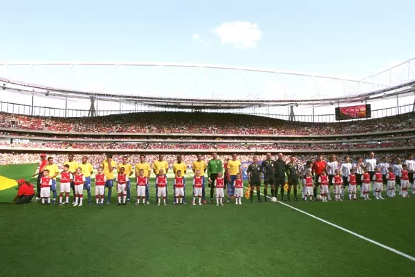 The Brazil and Argentina team line up before the match