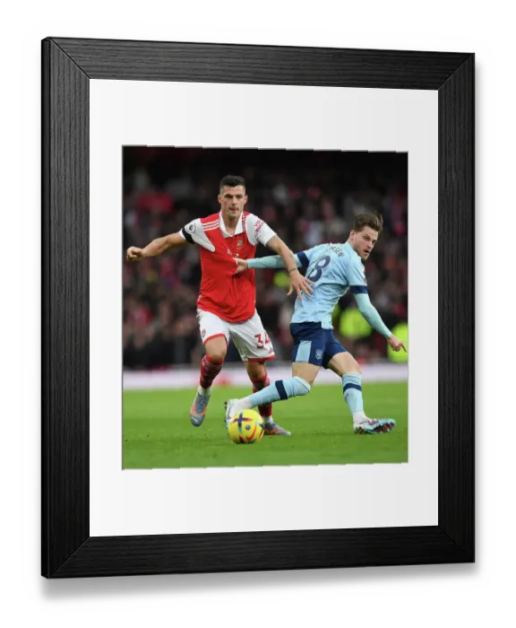 Framed Print : Arsenal vs Brentford: Granit Xhaka Clashes with Mathias Jensen in Intense Premier League Showdown (February 2023) Framed Print : Arsenal vs Brentford: Granit Xhaka Clashes with Mathias Jensen in Intense Premier League Showdown (February 2023)