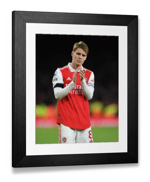 Framed Print : Arsenal's Martin Odegaard Celebrates with Fans after Arsenal v Brentford Win, Premier League 2022-23