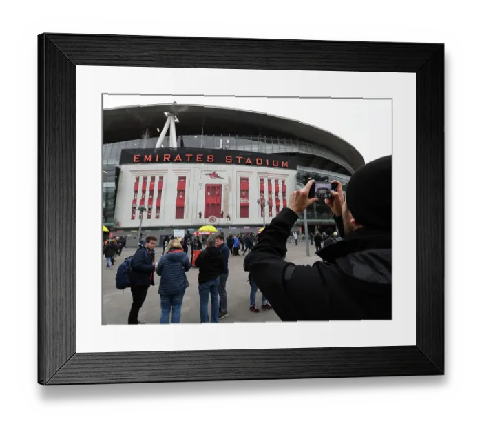 Framed Print : Arsenal Fans Gather Excitely Outside Emirates Stadium Ahead of Premier League Clash vs. Brentford, London 2023