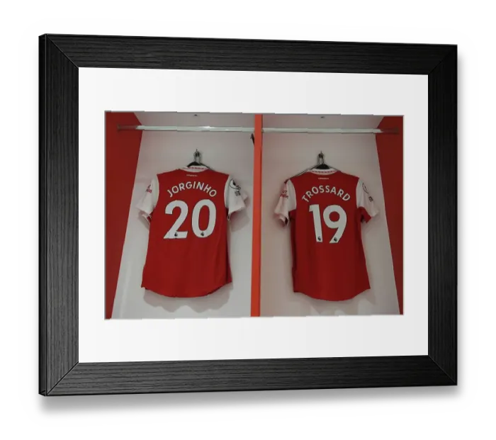 Framed Print : Arsenal Changing Room: Jorginho and Trossard Shirts Before Arsenal vs. Brentford Framed Print : Arsenal Changing Room: Jorginho and Trossard Shirts Before Arsenal vs. Brentford