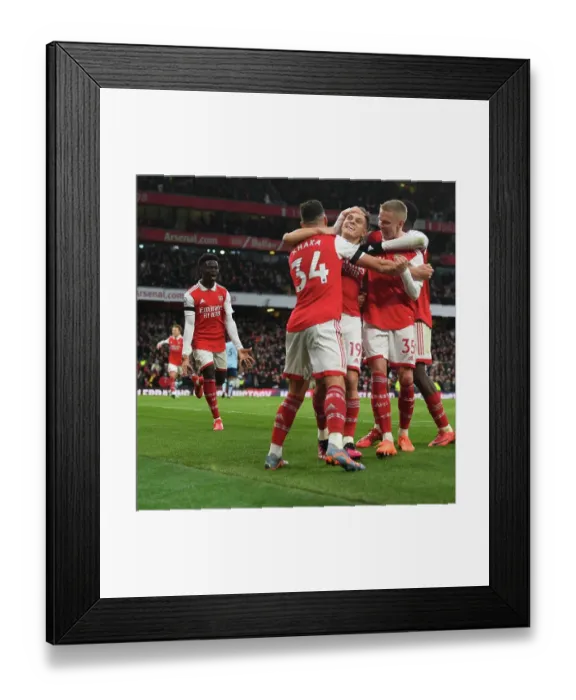 Framed Print : Arsenal's Xhaka and Zinchenko Celebrate Trossard's Goal vs Brentford (2022-23)