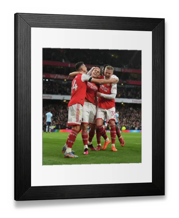 Framed Print : Arsenal's Triumph: Trossard, Xhaka, and Zinchenko Celebrate Goal Against Brentford Framed Print : Arsenal's Triumph: Trossard, Xhaka, and Zinchenko Celebrate Goal Against Brentford