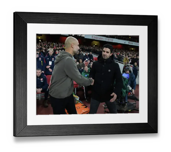 Framed Print : Arsenal vs Manchester City: Mikel Arteta and Pep Guardiola Pre-Match Handshake - Premier League 2022-23