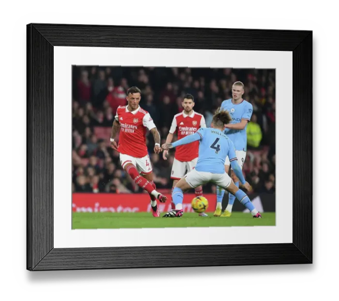 Framed Print : Clash of Titans: Arsenal vs Manchester City - Battle for Premier League Supremacy: A Duel of Defensive Masters - Ben White vs Kalvin Phillips