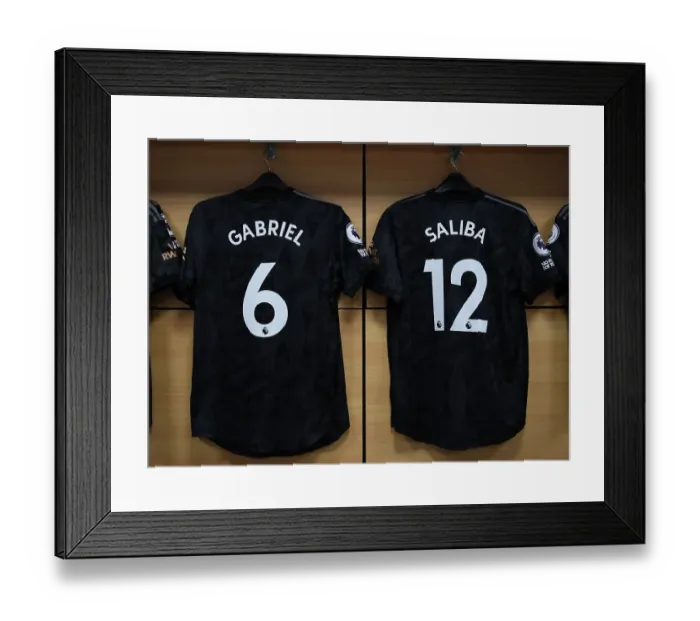 Framed Print : Arsenal Changing Room: Gabriel and Saliba Shirts Before Aston Villa Match, 2022-23