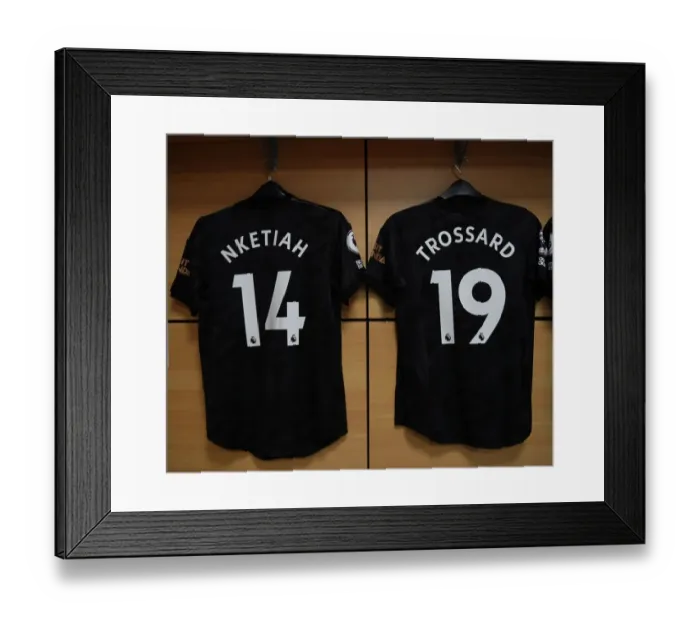 Framed Print : Arsenal FC: Eddie Nketiah and Leandro Trossard's Shirts in Arsenal Changing Room before Aston Villa Match (Aston Villa v Arsenal 2022-23) Framed Print : Arsenal FC: Eddie Nketiah and Leandro Trossard's Shirts in Arsenal Changing Room before Aston Villa Match (Aston Villa v Arsenal 2022-23)