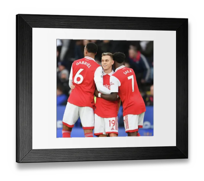 Framed Print : Arsenal's Gabriel, Trossard, and Saka in Action: Leicester City vs Arsenal, Premier League 2022-23