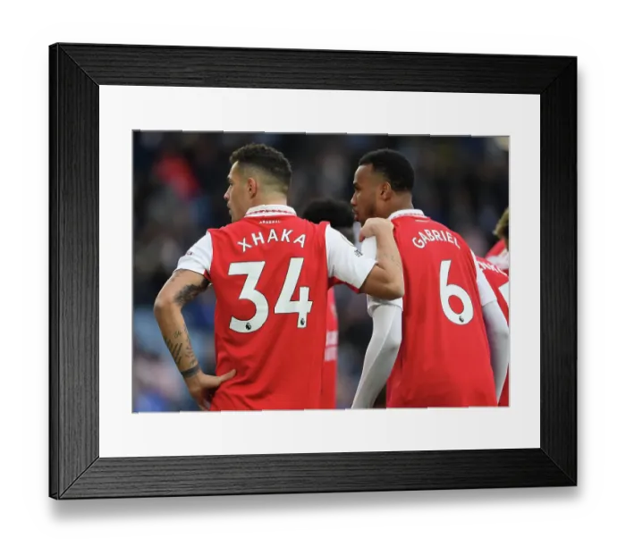 Framed Print : Xhaka and Gabriel in Action: Leicester City vs. Arsenal, Premier League 2022-23 Framed Print : Xhaka and Gabriel in Action: Leicester City vs. Arsenal, Premier League 2022-23