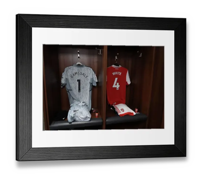 Framed Print : Arsenal FC: Pre-Match Routine - Aaron Ramsdale and Ben White's Gear Ready (Leicester City vs Arsenal, Premier League 2022-23)