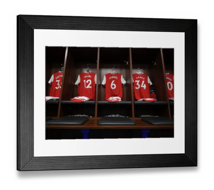 Framed Print : Arsenal Changing Room: A Glimpse at Zinchenko, Saliba, Gabriel, and Xhaka's Shirts Before Leicester Match, 2022-23 Framed Print : Arsenal Changing Room: A Glimpse at Zinchenko, Saliba, Gabriel, and Xhaka's Shirts Before Leicester Match, 2022-23