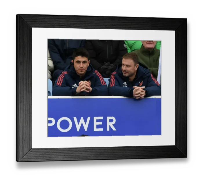 Framed Print : Arsenal Coaches Carlos Cuesta and Ianki Cana Pavon at Leicester City vs Arsenal FC, Premier League 2022-23