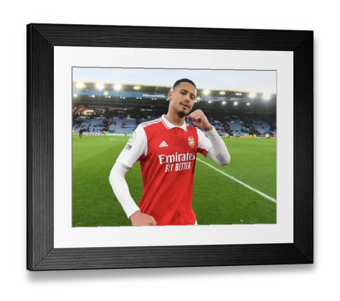 Framed Print : William Saliba's Celebration: Arsenal Secures Win Against Leicester City in Premier League Framed Print : William Saliba's Celebration: Arsenal Secures Win Against Leicester City in Premier League