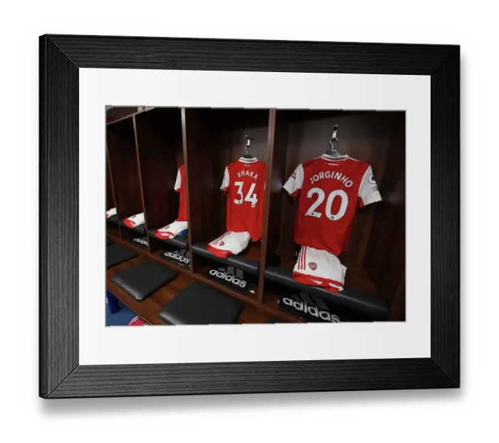 Framed Print : Arsenal's Xhaka and Jorginho Jerseys in Leicester City Changing Room - Premier League Clash 2022-23