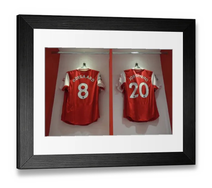 Framed Print : Arsenal Changing Room: Martin Odegaard and Jorginho Jerseys Before Arsenal v Everton (2022-23)