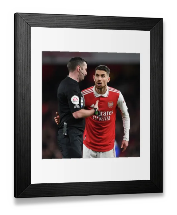 Framed Print : Arsenal's Jorginho Contests Referee Decision Against Everton Framed Print : Arsenal's Jorginho Contests Referee Decision Against Everton