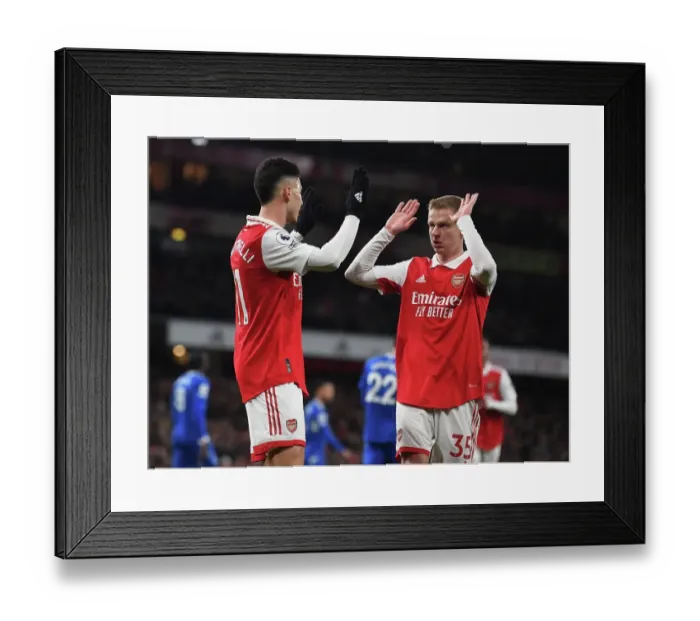 Framed Print : Martinelli and Zinchenko Celebrate Arsenal's Fourth Goal Against Everton (2022-23)