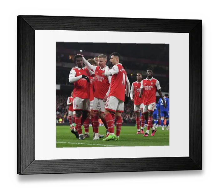 Framed Print : Unstoppable Arsenal Trio: Martinelli, Nketiah, and Zinchenko Celebrate Goals Against Everton in the 2022-23 Premier League