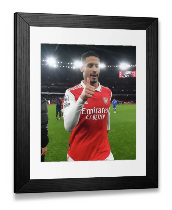 Framed Print : Arsenal's William Saliba Celebrates Victory Over Everton in Premier League Clash, 2022-23 Framed Print : Arsenal's William Saliba Celebrates Victory Over Everton in Premier League Clash, 2022-23