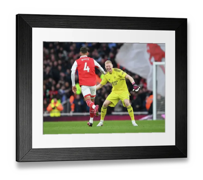 Framed Print : Arsenal's Ben White and Aaron Ramsdale Celebrate Goals Against AFC Bournemouth in Premier League Match, 2022-23
