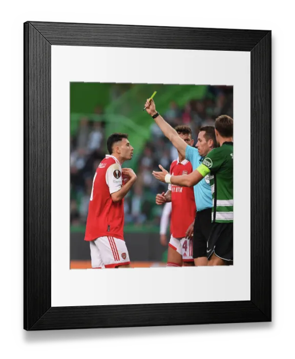 Framed Print : Arsenal's Martinelli Unjustly Booked in Europa League Clash vs Sporting CP