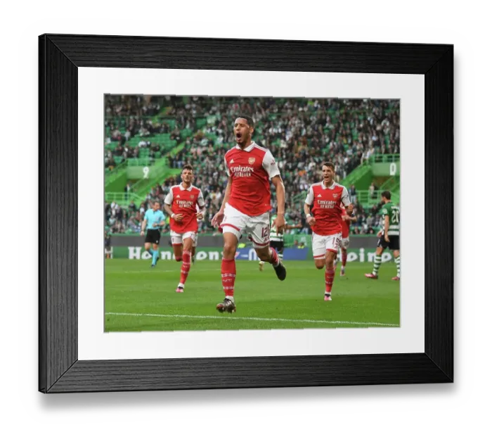 Framed Print : William Saliba's Stunner: Arsenal Takes the Lead Over Sporting CP in Europa League