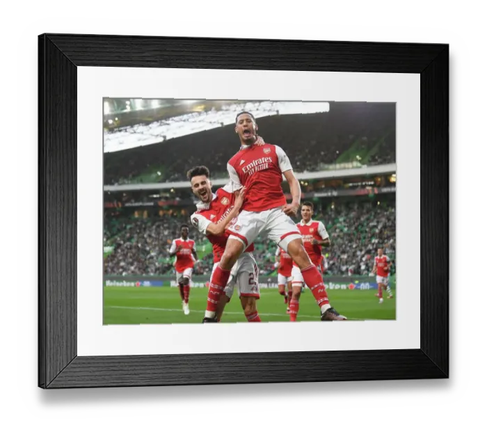 Framed Print : Arsenal's Saliba and Vieira: Celebrating a Goal in Europa League Victory over Sporting Lisbon