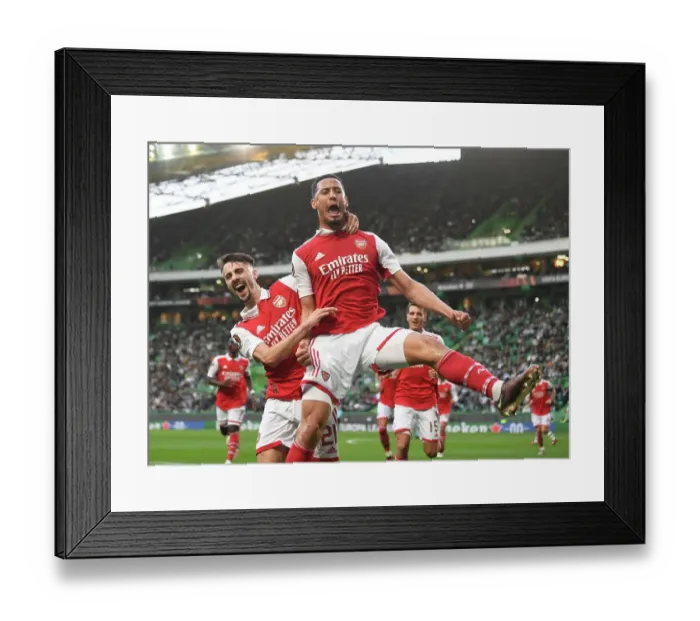 Framed Print : Arsenal's Saliba and Vieira: United in Victory - Celebrating a Goal in Europa League Clash Against Sporting Lisbon Framed Print : Arsenal's Saliba and Vieira: United in Victory - Celebrating a Goal in Europa League Clash Against Sporting Lisbon