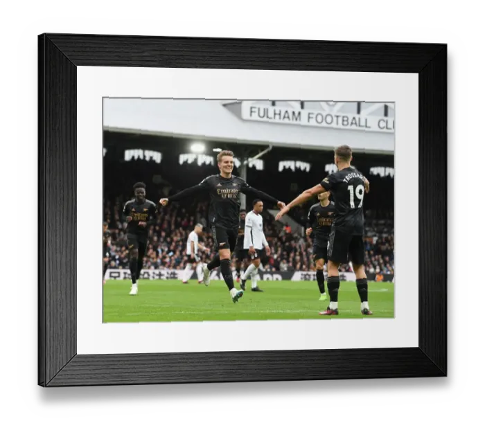Framed Print : Arsenal's Martin Odegaard and Leandro Trossard Celebrate Their Strikes: A Triumphant Moment at Fulham (2022-23) Framed Print : Arsenal's Martin Odegaard and Leandro Trossard Celebrate Their Strikes: A Triumphant Moment at Fulham (2022-23)