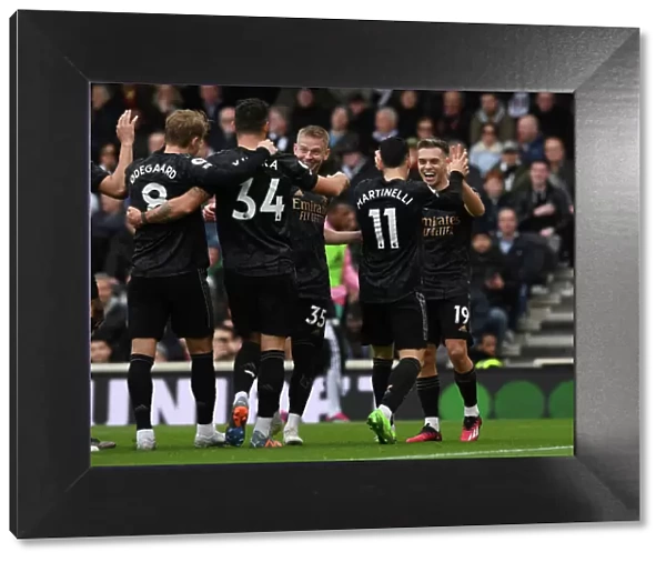 Martinelli and Trossard Celebrate Arsenal's Winning Goal Against Fulham (2022-23)