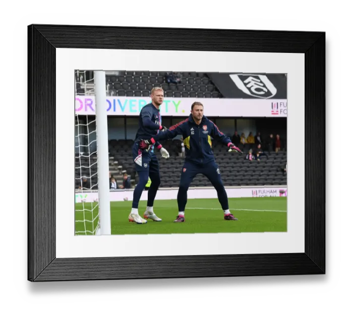 Framed Print : Arsenal's Aaron Ramsdale and Goalkeeping Coach Inaki Cana Prepare Before Fulham Match, Premier League 2022-23