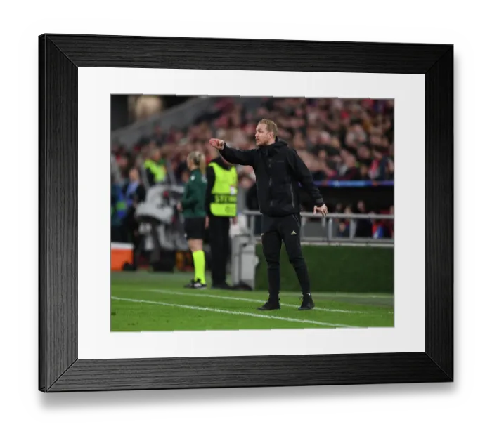 Framed Print : Arsenal's Jonas Eidevall Leads the Way in UEFA Women's Champions League Showdown against Bayern Munich