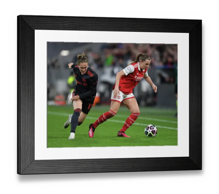 Framed Print : Arsenal vs. Bayern Munich: A Battle in the UEFA Women's Champions League Quarter-Finals