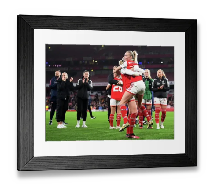 Framed Print : Arsenal Women's Historic Victory: Leah Williamson and Stina Blackstenius Embrace After Defeating FC Bayern Munchen in UEFA Champions League Quarter-Finals Framed Print : Arsenal Women's Historic Victory: Leah Williamson and Stina Blackstenius Embrace After Defeating FC Bayern Munchen in UEFA Champions League Quarter-Finals