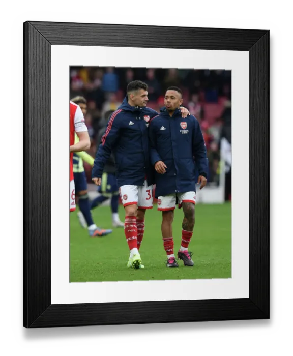 Framed Print : Arsenal's Xhaka and Jesus: Victory Celebration against Leeds United (2022-23 Premier League) Framed Print : Arsenal's Xhaka and Jesus: Victory Celebration against Leeds United (2022-23 Premier League)