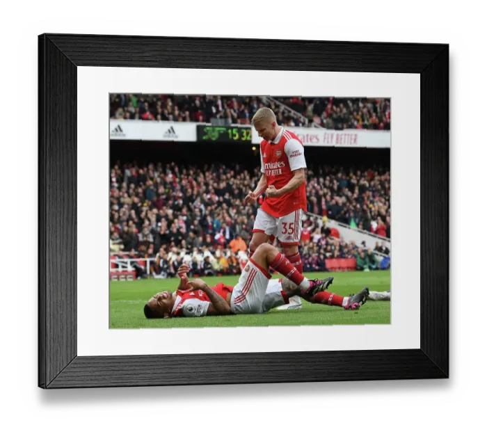 Framed Print : Arsenal's Penalty Celebration: Zinchenko and Jesus Rejoice in Arsenal FC's Victory over Leeds United (April 2023)