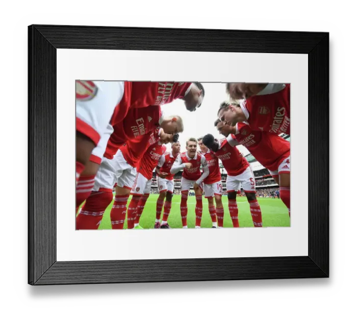 Framed Print : Unity Before Battle: Arsenal FC vs Leeds United, Premier League 2022-23 - The Arsenal Team Huddle